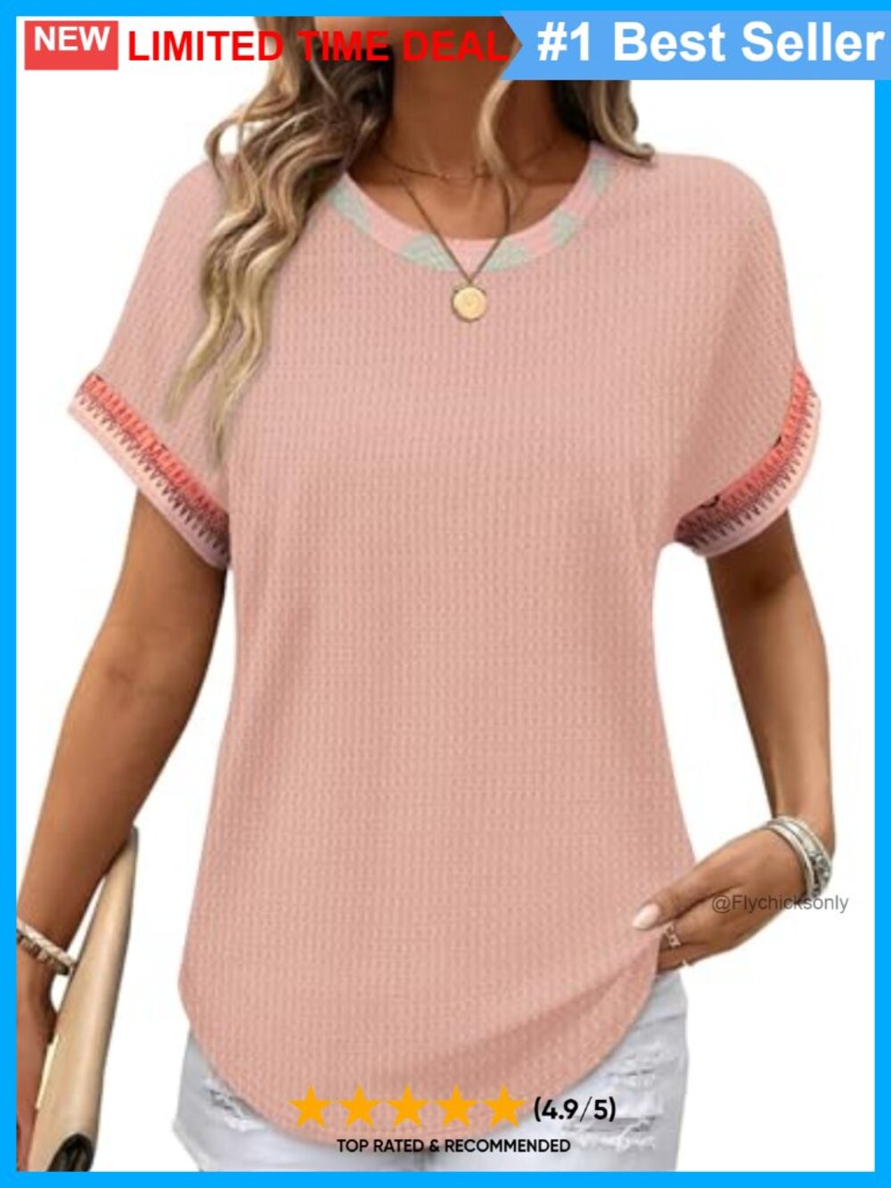 Waffle Knit Short Sleeve Tee Curved Hem Rolled Cuff Crew Neck Top